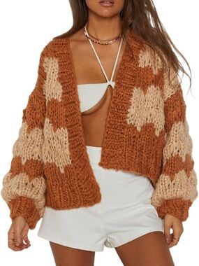 Chunky Knit Cropped Cardigan Sweater - Rust & Cream